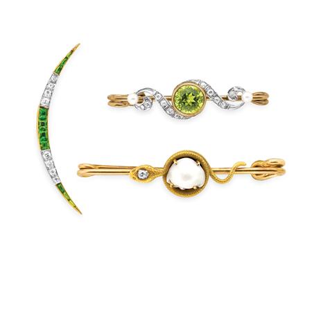 Lot image - Three Antique Gold, Platinum, Pearl, Colored Stone and Diamond Brooches