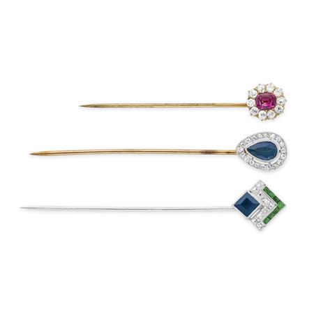Lot image - Three Platinum, Gold, Gem-Set and Diamond Stickpins