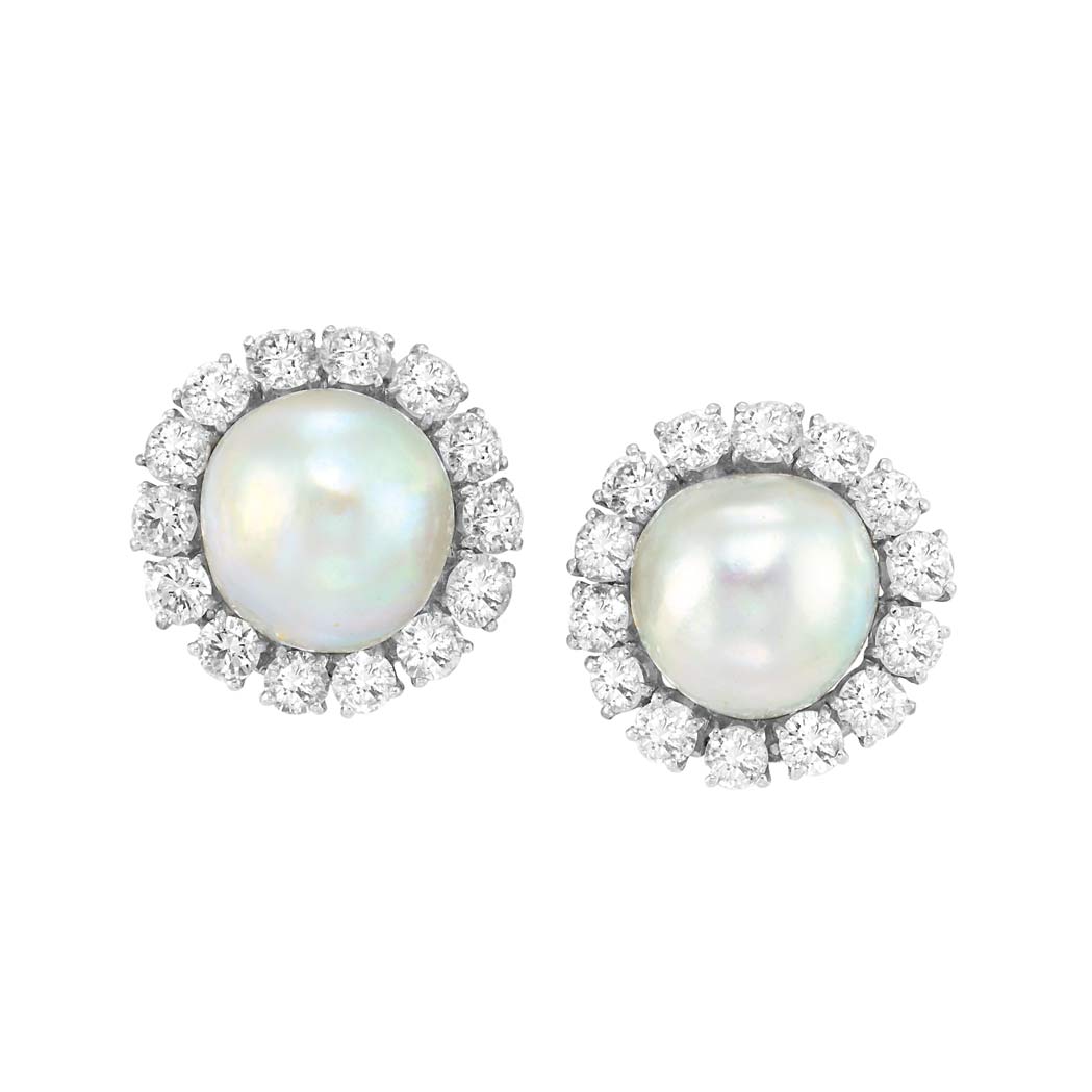 Lot image - Pair of Platinum, Baroque Cultured Pearl and Diamond Earclips