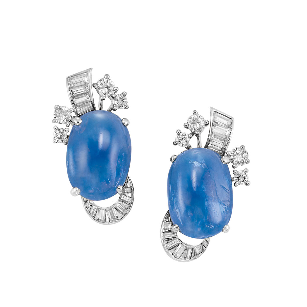 Lot image - Pair of Cabochon Sapphire and Diamond Earclips