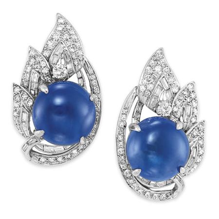 Lot image - Pair of Cabochon Sapphire and Diamond Earclips