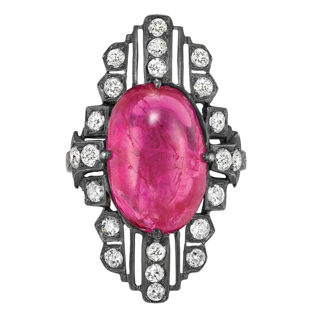 Lot image - Silver, Cabochon Ruby and Diamond Ring