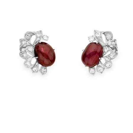 Lot image - Pair of Cabochon Ruby and Diamond Earclips