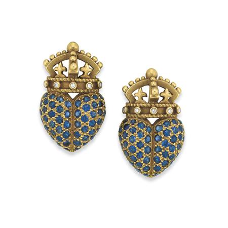 Lot image - Pair of Gold, Sapphire and Diamond Earclips, Barry Kieselstein-Cord