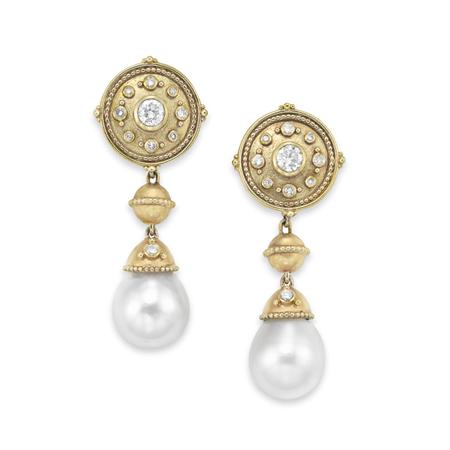 Lot image - Pair of Gold, Diamond and Cultured Pearl Pendant-Earrings