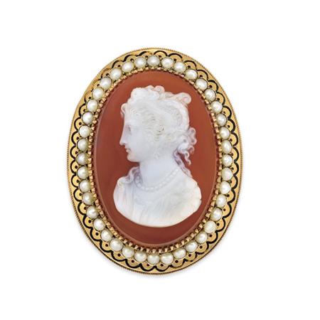 Lot image - Antique Gold, Hardstone Cameo, Split Pearl and Black Enamel Brooch