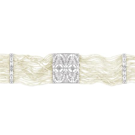 Lot image - Multistrand Seed Pearl and Diamond Choker Necklace