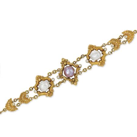 Lot image - Antique Gold, Natural Purplish-Pink and White Baroque Freshwater Pearl and Diamond Bracelet