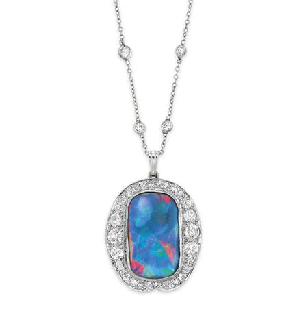 Lot image - Black Opal and Diamond Pendant with White Gold and Diamond Chain Necklace