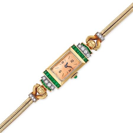 Lot image - Double Strand Gold, Platinum, Emerald and Diamond Snake Chain Wristwatch