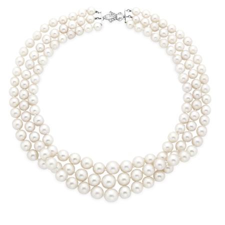 Lot image - Triple Strand Cultured Pearl Necklace with Diamond Clasp