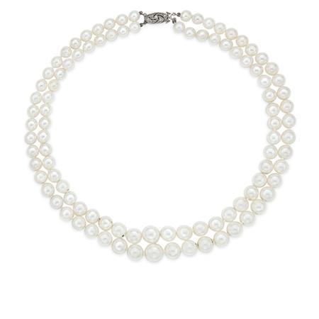 Lot image - Double Strand Cultured Pearl Necklace with Diamond Clasp