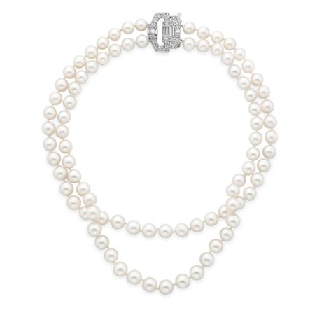 Lot image - Double Strand Cultured Pearl Necklace with Diamond Clasp
