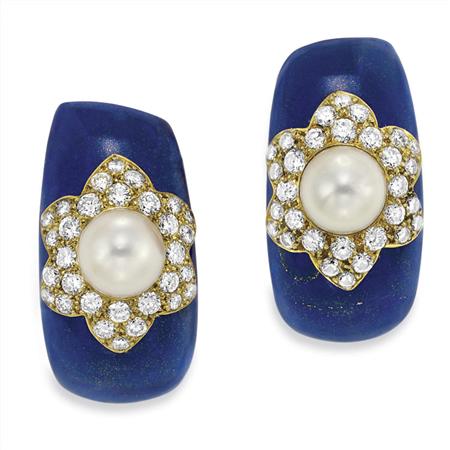 Lot image - Pair of Gold, Lapis, Cultured Pearl and Diamond Half-Hoop Earclips, Van Cleef & Arpels