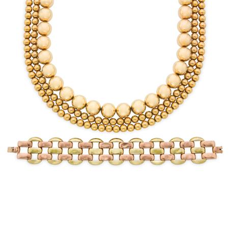 Lot image - Two Gold Bead Necklaces and Two-Color Gold Bracelet