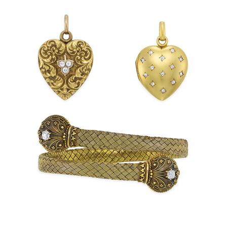 Lot image - Antique Gold and Diamond Mesh Crossover Bangle Bracelet and Two Heart Lockets