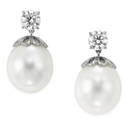 Lot image - Pair of Cultured Pearl and Diamond Pendant-Earrings