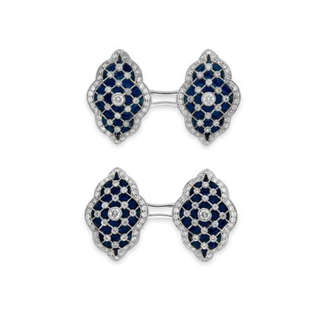 Lot image - Pair of White Gold, Blue Enamel and Diamond Cufflinks