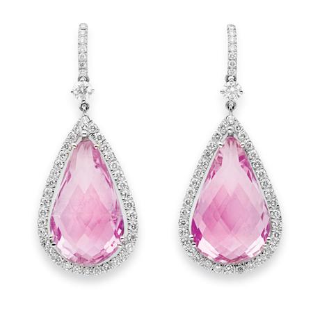Lot image - Pair of White Gold, Kunzite and Diamond Pendant-Earrings