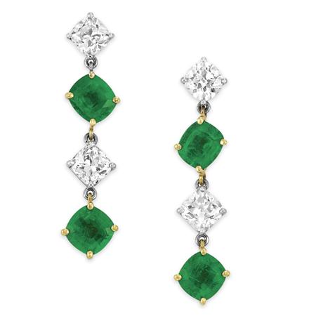 Lot image - Pair of Emerald and Diamond Pendant-Earrings