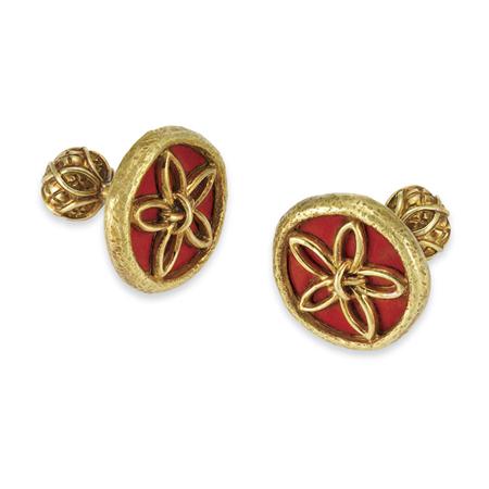 Lot image - Pair of Gold and Red Enamel Cufflinks, Schlumberger, Tiffany & Co.