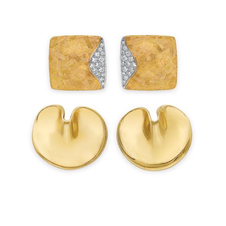 Lot image - Two Pairs of Gold and Diamond Earclips
