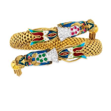 Lot image - Gold, Enamel and Colored Stone Crossover Tassel Bangle Bracelet