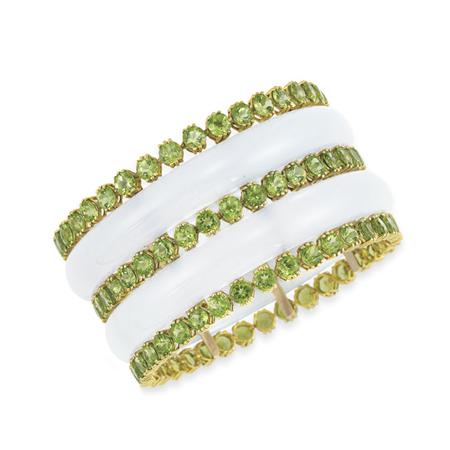 Lot image - Wide Blue Chalcedony and Peridot Cuff Bangle