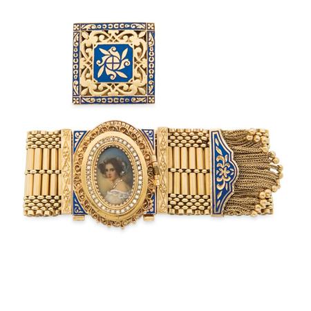 Lot image - Gold, Enamel, Portrait Miniature and Split Pearl Fringe Bracelet-Watch and Gold and Blue Enamel Watch Cover