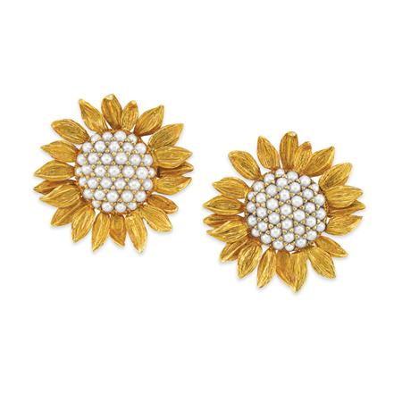 Lot image - Pair of Gold and Seed Pearl Sunflower Earclips, Asprey