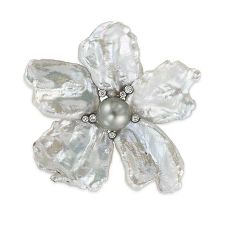 Lot image - Baroque Freshwater Pearl, Gray Cultured Pearl and Diamond Flower Pendant-Brooch