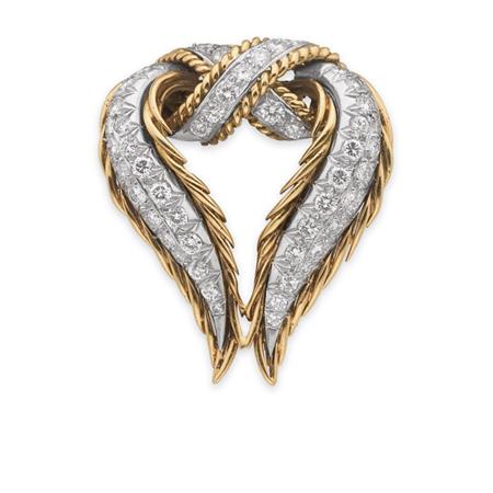 Lot image - Gold, Platinum and Diamond Ribbon Clip-Brooch