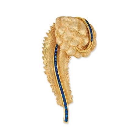 Lot image - Gold and Sapphire Feather Clip, Tiffany & Co.