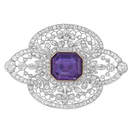 Lot image - Platinum, Gold, Amethyst and Diamond Brooch
