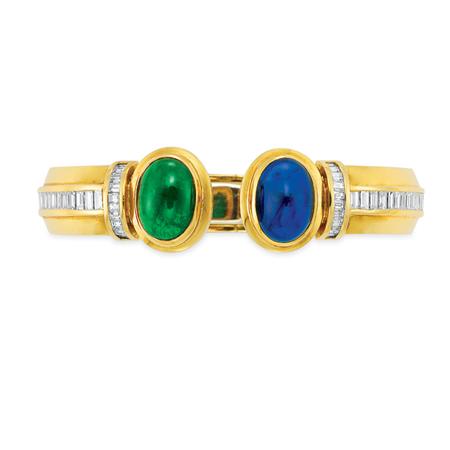 Lot image - Gold, Cabochon Emerald and Sapphire and Diamond Bangle Bracelet