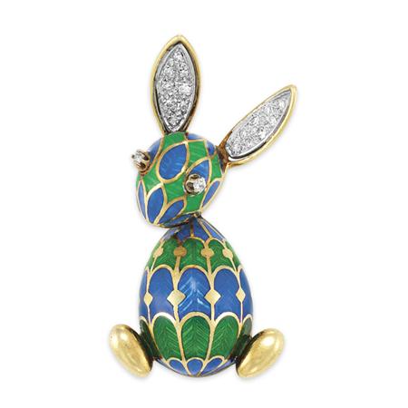 Lot image - Gold, Green and Blue Enamel and Diamond Rabbit Brooch, Van Cleef & Arpels