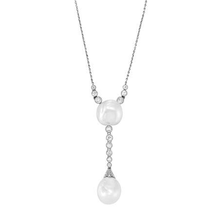 Lot image - Platinum, Natural Semi-Baroque Pearl and Diamond Lavaliere