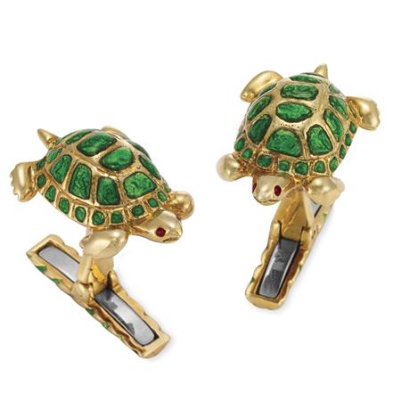 Lot image - Pair of Gold and Green Enamel Turtle Cufflinks, David Webb