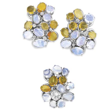 Lot image - Moonstone, Fire and Girasol Opal, Diamond and Simulated Diamond Cluster Clip-Brooch and Pair of  Earclips, Seaman Schepps