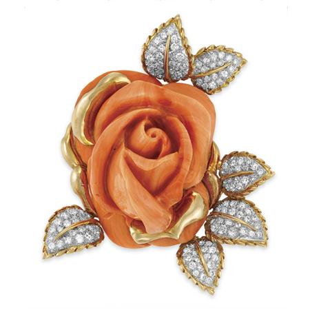 Lot image - Gold, Carved Coral and Diamond Flower Clip-Brooch