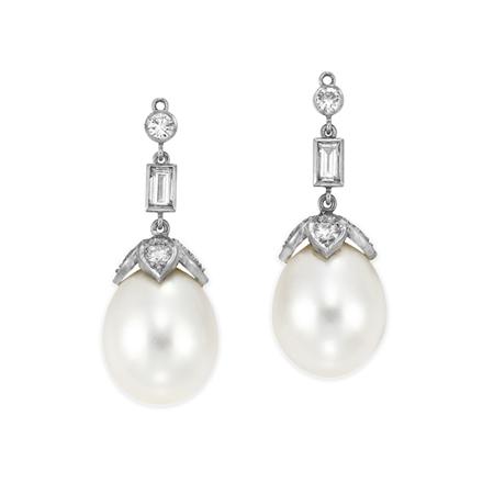 Lot image - Pair of Diamond and Cultured Pearl Pendants