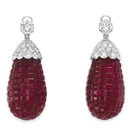 Lot image - Pair of Invisibly-Set Ruby and Diamond Pendants