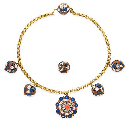 Lot image - Antique Gold Chain with Silver Gilt, Enamel and Coral Pendants and Ring