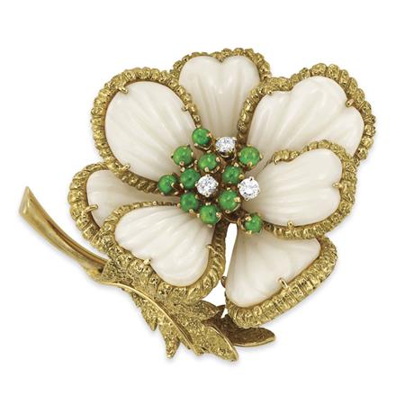Lot image - Gold, Carved White Coral, Emerald and Diamond Flower Clip-Brooch, Van Cleef & Arpels
