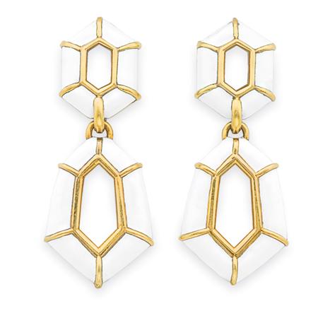 Lot image - Pair of Gold and White Enamel Pendant-Earclips