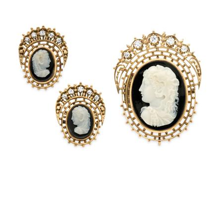 Lot image - Antique Gold, Hardstone Cameo and Diamond Pendant-Brooch and Pair of Earrings