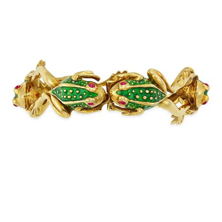 Lot image - Gold, Green Enamel and Cabochon Ruby Frog Bracelet