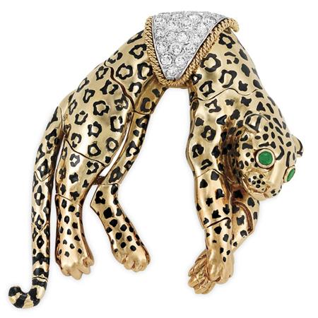 Lot image - Gold, Platinum, Black Enamel and Diamond Leopard Brooch, David Webb