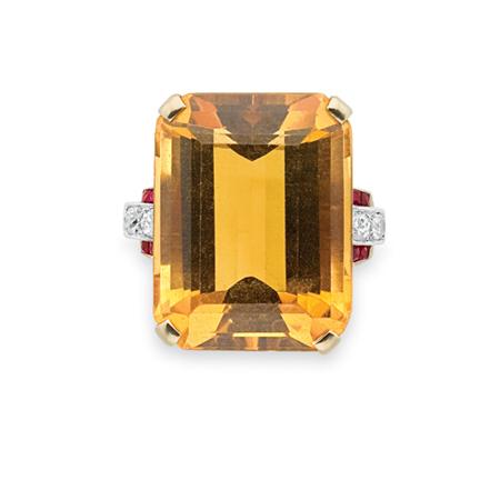 Lot image - Gold, Platinum, Citrine, Ruby and Diamond Ring