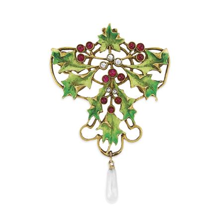 Lot image - Gold, Enamel, Cabochon Ruby, Diamond and Freshwater Pearl Pendant-Brooch